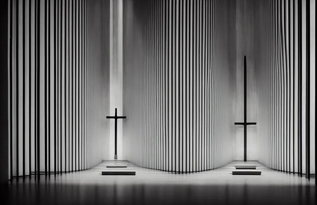 Image similar to in this church interior, vertical lines suggest spirituality, rising beyond human reach toward the heavens. directed by kurosawa fusing a dream world of imagination with closely observed reality intact flawless ambrotype from 4 k criterion collection remastered cinematography gory horror film, ominous lighting, evil theme wow photo realistic postprocessing suffolk landscape building by mies van der rohe