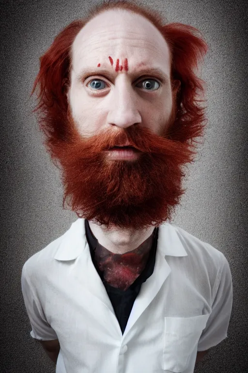 Image similar to man with a third eye in his forehead, a mad scientist with a third eye and wild red hair and beard slightly balding, high resolution film still, 4 k, hdr color