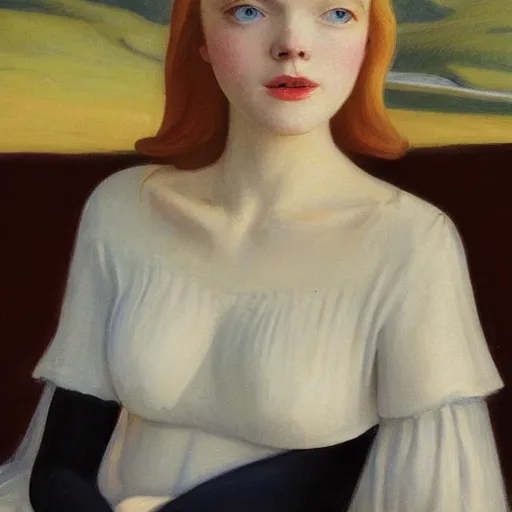 Image similar to Painting of Elle Fanning in medieval France, long blonde hair, delicate, pale milky white porcelain skin, by Edward Hopper. 8K. Extremely detailed.