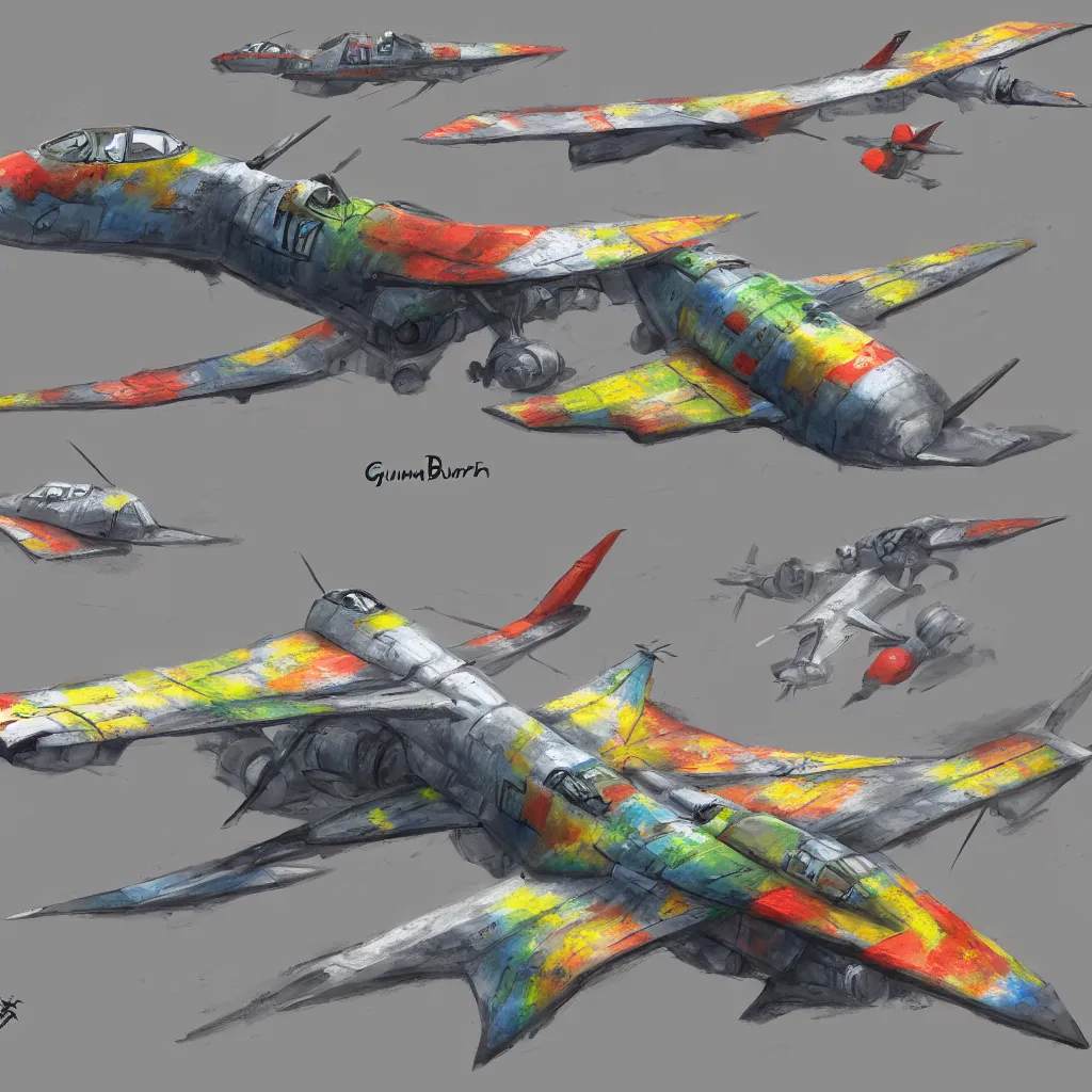 Prompt: combat airplane from the side concept art colorful by gurmukh basin