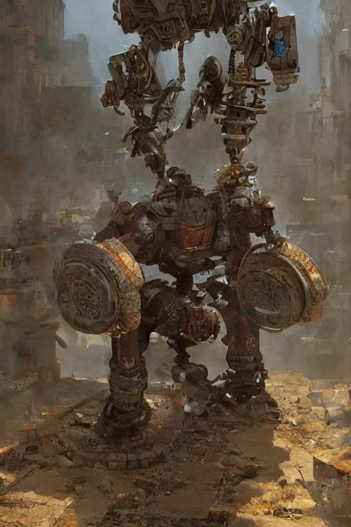 Image similar to an ancient Aztec!!! boy fixing his Aztec!! robot!, part by Craig Mullins, part by Greg Rutkowski , part by Mattias Adolfsson, volumetric lighting!!, oil on canvas