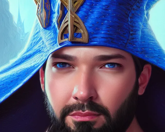 Image similar to amazing portrait of alexis ohanian as a wizard, pointy blue wizard hat, deep focus, symmetrical face, d & d, fantasy, intricate, elegant, highly detailed, digital painting, artstation, concept art, matte, sharp, illustration, hearthstone, art by artgerm and greg rutkowski and alphonse mucha