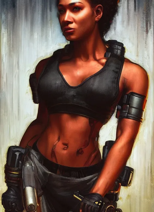 Image similar to Sophie Igwe. Buff Beautiful Cyberpunk mechanic with robotic legs. (Cyberpunk 2077, bladerunner 2049). Gorgeous face. Iranian orientalist portrait by john william waterhouse and Edwin Longsden Long and Theodore Ralli and Nasreddine Dinet, oil on canvas. Cinematic, vivid colors, hyper realism, realistic proportions, dramatic lighting, high detail 4k