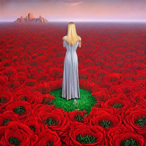 Image similar to a woman standing on red roses by jacek yerka, alex gray, zdzisław beksiński, dariusz zawadzki, jeffrey smith and h.r. giger, oil on canvas, 8k highly professionally detailed, trending on artstation