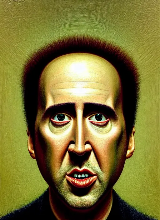 Image similar to hyper detailed 3d render like an Oil painting - Portrait of nicholas cage as an anthropomorphic pickle by Jacek Yerka, Mariusz Lewandowski, Houdini algorithmic generative render, Abstract brush strokes, Masterpiece, Edward Hopper and James Gilleard, Zdzislaw Beksinski, Mark Ryden, Wolfgang Lettl, hints of Yayoi Kasuma, octane render, 8k