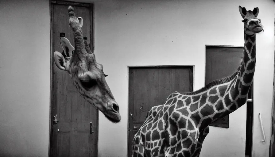 Prompt: a girafe in a stalinist style kitchen, mini dv camera found footage, very very low quality picture, heavy grain, caught on security camera, heavy jpeg artifact, night vision very blurry, caught on trail cam, 1 4 4 p, ultra wide lens