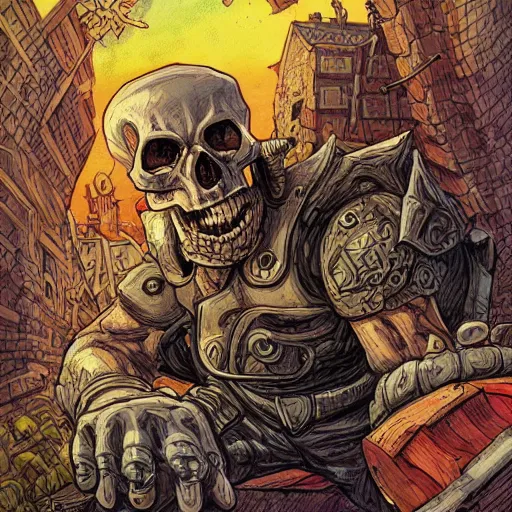 Prompt: precisely drawn illustration of skull hammer, wide angle, sharp, fine details, french comic style, vibrant realistic colors, full color, heroic fantasy, intense line art, 8 k, precise linework, realistic, in the style of heavy metal comics and richard corben and moebius