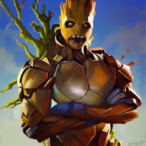 Image similar to greg manchess portrait painting of armored groot as overwatch character, medium shot, asymmetrical, profile picture, organic painting, sunny day, matte painting, bold shapes, hard edges, street art, trending on artstation, by huang guangjian and gil elvgren and sachin teng