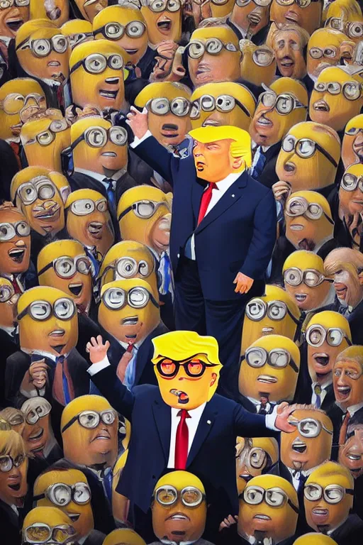 Image similar to trump with blond hair as a minion standing in front of a riot, oil on canvas, intricate, portrait, 8 k highly professionally detailed, hdr, cgsociety