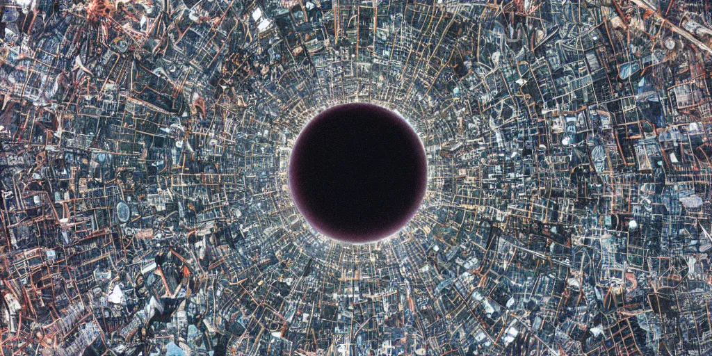 Image similar to vintage color photo of cosmic NYC broken physics skyrise vista, microscopy, lone survivor, singularity, black hole, , f22, ISO 100