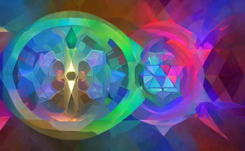 Image similar to a painting of a sacred geometry trending on artstation in the style of greg rutkowski, 3 d, fractal, 4 d, endless, rainbow, geometric tesseract, symmetry, wallpaper, sacred, 5 d, circle, watercolor