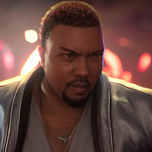 Image similar to a videogame still of Timbaland in Tekken 7, 40mm lens, shallow depth of field, split lighting