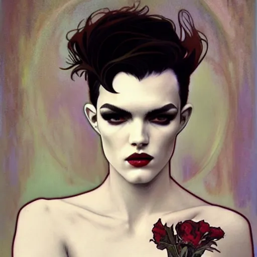 Image similar to beautiful portrait of androgynous ruby rose as desire from sandman in a white tuxedo!!!, rockabilly style,, by alphonse mucha, by jeremy mann, by peter lindbergh, cedric peyravernay, by frank moth, white suit and black tie, soft lightning, high detailed, 8 k