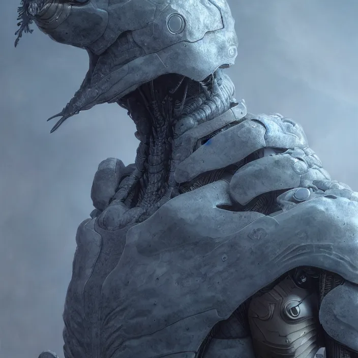 Prompt: a character in a scenic environment by wayne barlowe and nihei tsutomu, close up shot, dreamy hazy, biological armor, highly detailed, 3 d render, vray, octane, realistic lighting