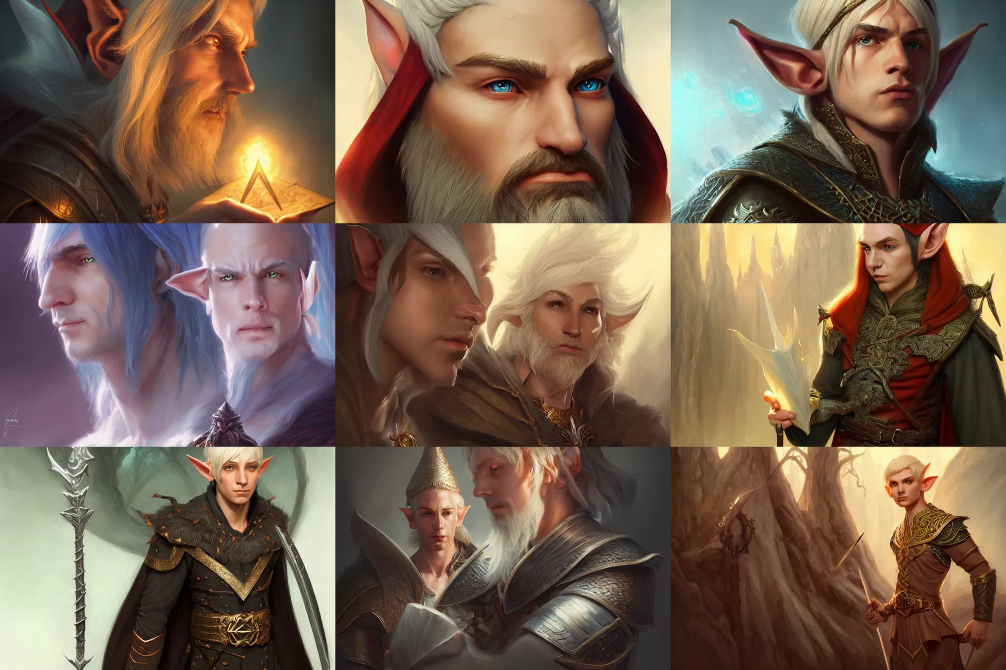 Prompt: beautiful male elf wizard, highly detailed, d & d, fantasy, highly detailed, digital painting, trending on artstation, concept art, sharp focus, illustration, global illumination, ray tracing, realistic shaded, art by artgerm and greg rutkowski and fuji choko and viktoria gavrilenko and hoang lap