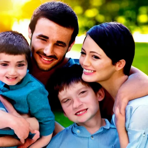 Prompt: a very handsome young family with a happy young boy, scene from a future world where nanotechnology is ubiquitous