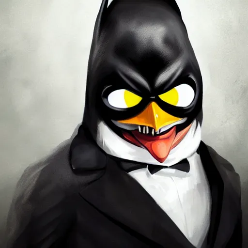 Image similar to the penguin wearing the dark knight mask, snarling teeth, digital painting, amazing detail, art station, cgsociety