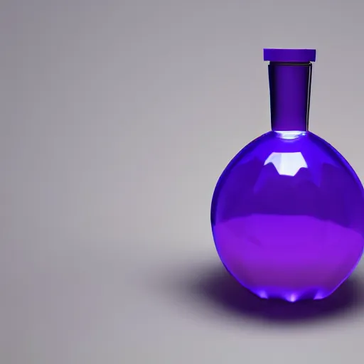 Prompt: 3 d render of a flask containing glowing purple liquid with a cork top in a dark room, game asset, realistic