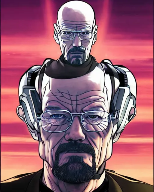 Image similar to portrait of walter white as a robot, cybernetic enhancements, art by makoto shinkai and alan bean, yukito kishiro