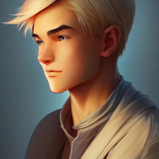 Image similar to young man with short, ash blond hair, path traced, highly detailed, high quality, digital painting, by don bluth and ross tran and studio ghibli and alphonse mucha, artgerm, 4 k, fantasy painting, pixar animation style, rossdraws, wlop, sylvain sarrailh