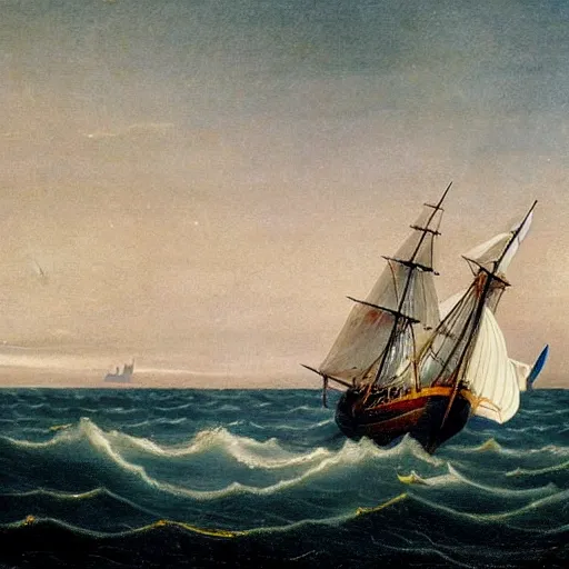 Prompt: 1 8 th century british sailing sailing ship at sea, waves, wind, midnight, moon