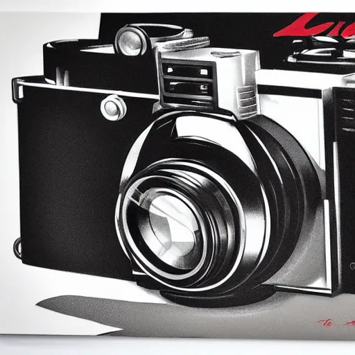 Image similar to Leica rangefinder camera on white background, painted by Syd Mead