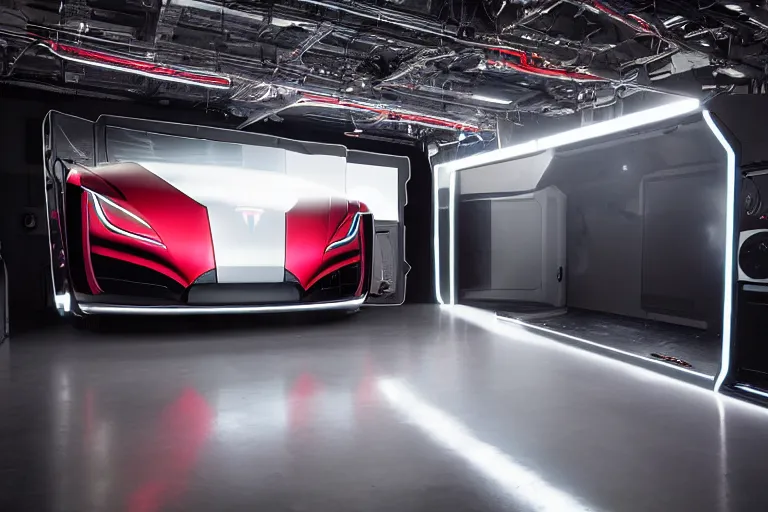 Image similar to a 2 8 mm closeup photo of a tesla cybertruck in a photo studio with a reflective floor, hyper detailed, smooth, high contrast, volumetric lighting, octane, roger dean, cinematic