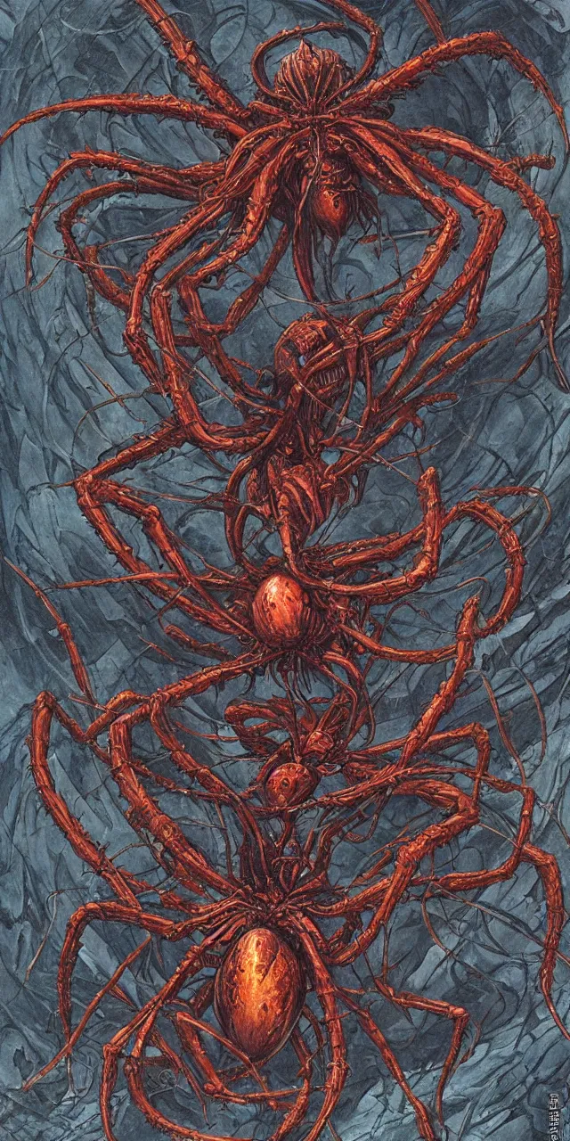 Image similar to alien spider, contrasting colors, Dan Seagrave