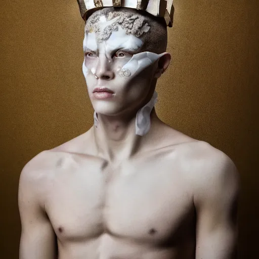 Image similar to a portrait of a beautiful young male wearing an alexander mcqueen armor made of candle wax , photographed by andrew thomas huang, artistic