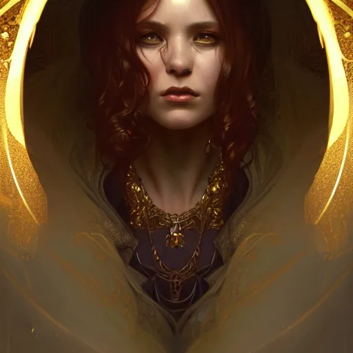 Image similar to Portrait of female sorcerer, dark fantasy, medium shot, intricate, ornate, elegant, highly detailed, digital painting, volumetric light,, artstation, concept art, smooth, sharp focus, illustration, art by artgerm and brom and greg rutkowski and alphonse mucha