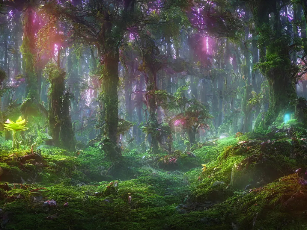 Image similar to a beautiful otherworldly fantasy landscape of a hidden forest with colorful mystical plants and huge psychedelic mushrooms as the trees, rendering, cryengine, vray render, cinema 4 d, cgsociety, bioluminescent