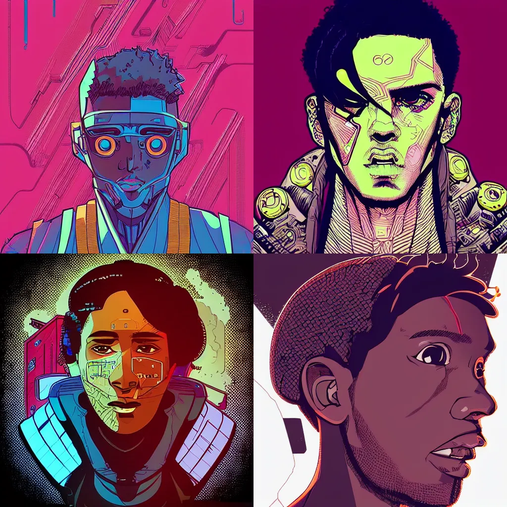 Prompt: “in the style of josan Gonzalez a young brown skinned suave cyberpunk teenager looking content, highly detailed”
