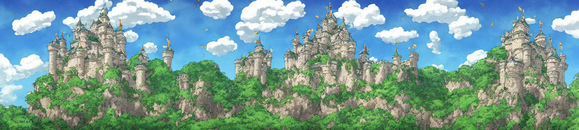 Prompt: Castle with a lot of greenery on its towers, on the island flying in clouds. Art by Hayao Miyazaki