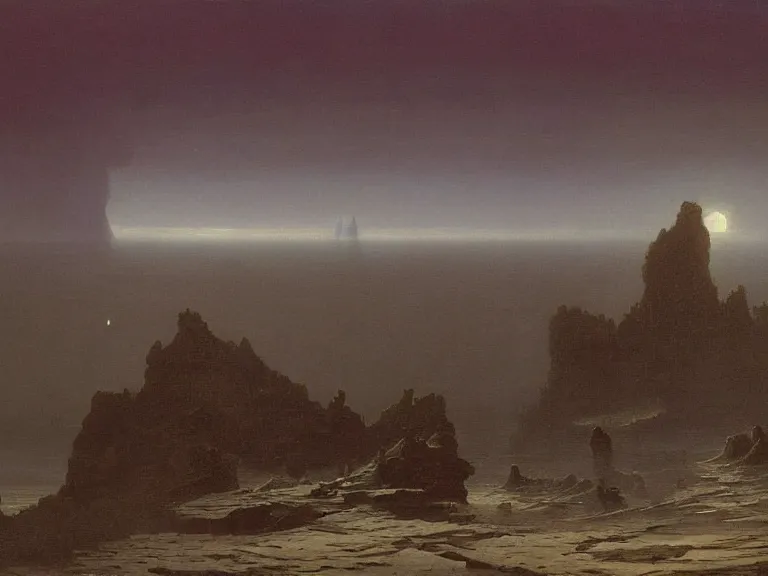 Image similar to an oil painting of an alien planet and the coastline of a black ocean at dawn, beautiful sky by beksinski carl spitzweg and tuomas korpi. baroque elements, full-length view. baroque element. intricate artwork by caravaggio. Trending on artstation. 8k