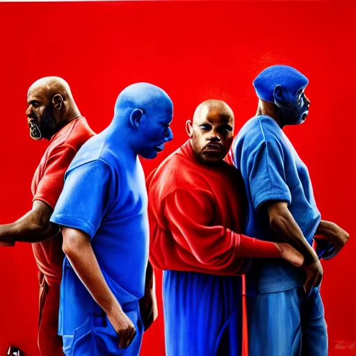 Image similar to crips vs bloods, uhd, 8 k painting by emanuele dascanio and robin eley