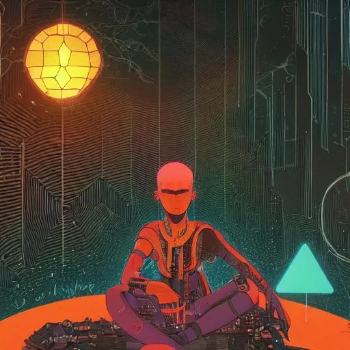 Image similar to Stunningly intricate illustration of a cyberpunk explorer meditating next to a floating triangular glowing monolith, highly detailed, midnight, by Victo Ngai and James Gilleard , Moebius, Laurie Greasley file:///Volumes/1TB_WD/photoshop/bing%20character%20related%20stuff/bing%20-%20logo%20character%20-%20pixelated/BING_COMMISSION%20NO%20BG.png