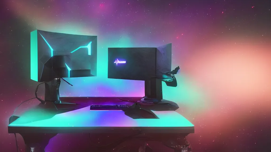 Image similar to a galactic overpowered computer. (cyan, pink, purple, orange) Overclocking, watercooling, custom computer, nebula, mat black metal, alienware, cosmic design, desktop computer, nebula, galactic, space, minimalist desk, minimalist home office, whole room, minimalist, Beautiful dramatic dark moody tones and lighting, orange neon, Ultra realistic details, cinematic atmosphere, studio lighting, shadows, starts lighting, starts, dark background, dimmed lights, industrial architecture, Octane render, realistic 3D, photorealistic rendering, 8K, 4K, computer setup, highly detailed