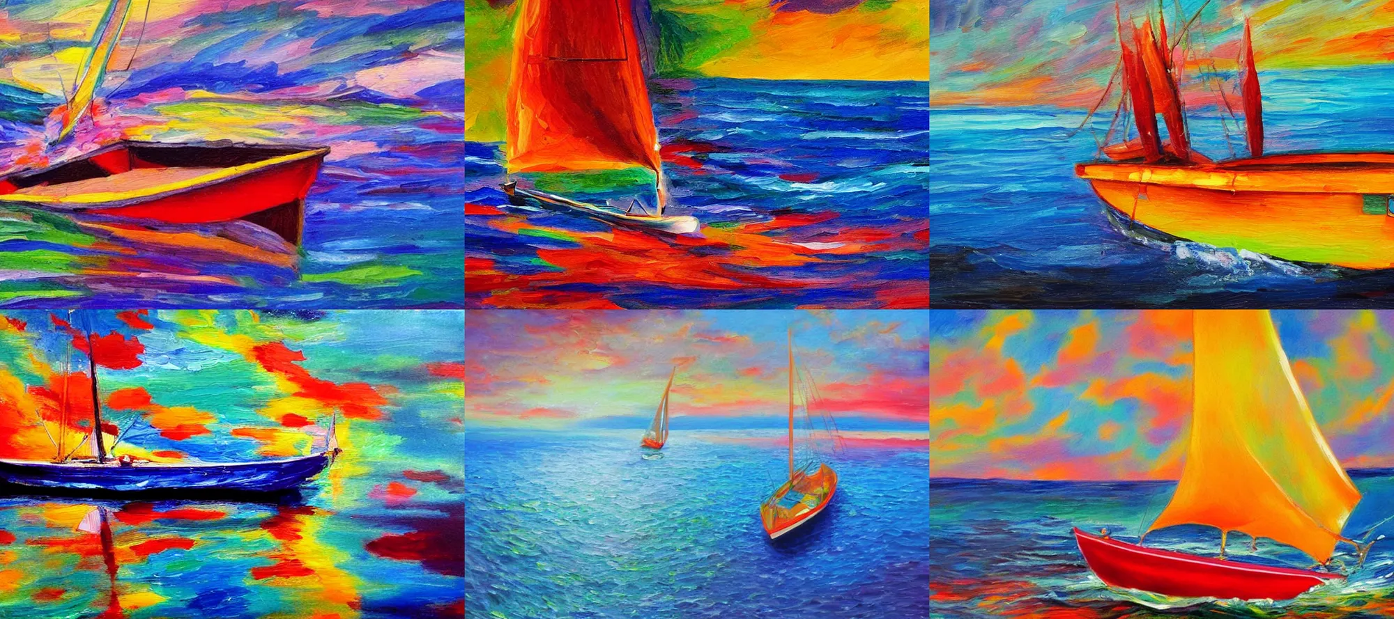 Prompt: Boat sailing across a technicolor sea, oil painting, vivid, saturated, award-winning