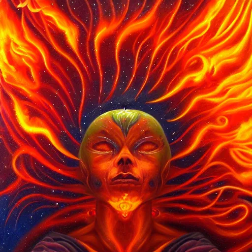 Image similar to great fiery anger, galactic nebular astral realm sacred journey in oil painting, trending on artstation, award winning, emotional, highly detailed surrealist art