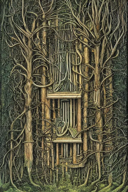 Image similar to a house in the forest by h. r. giger, painterly, alex grey, moebius