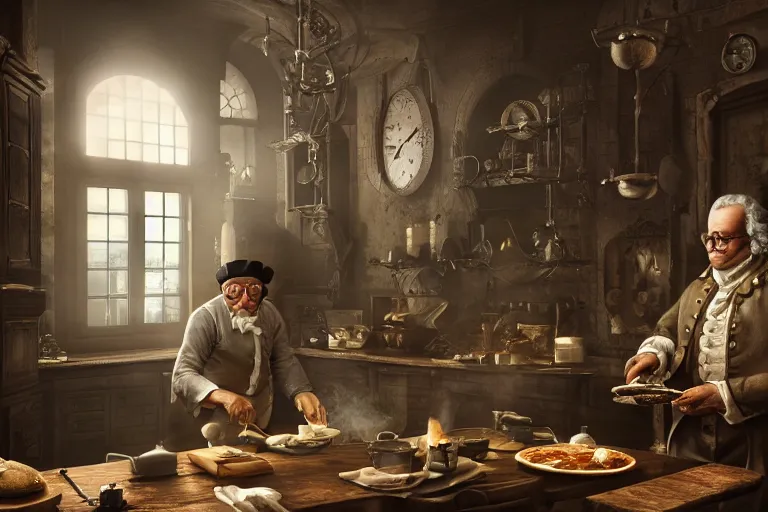 Image similar to detailed octane zbrush render of [Benjamin Franklin cooking breakfast inside a steampunk kitchen], WITH liminal space, high detail, rendered in unreal engine, 3d render, god rays, volumetric lighting, HDR, subsurface scatter, mansion, interior, large windows, rich house
