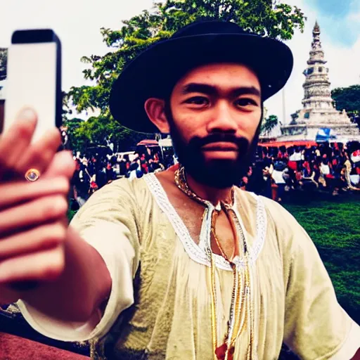 Image similar to ferdinand magellan taking a selfie at rizal park, realistic, shot on an iphone