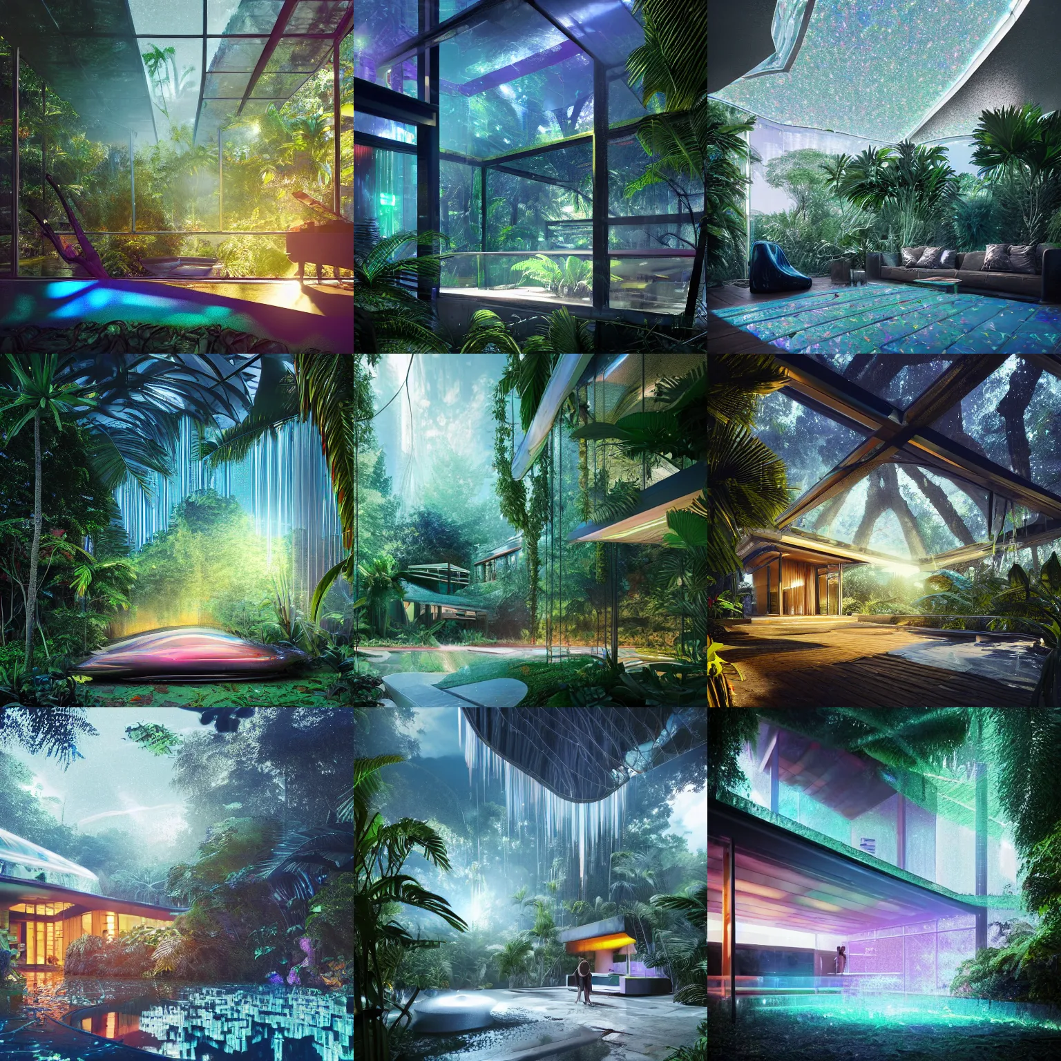 Prompt: beautiful sci-fi house made of shattered glass in a tropical rainforest, architectural render, futuresynth, chillwave, by Gabriel Dawe, by Skottie Young, by Jessica Rossier, metallic architecture, blender 3D, by moebius, night, (mist), lights, cyberpunk, trending on artstation