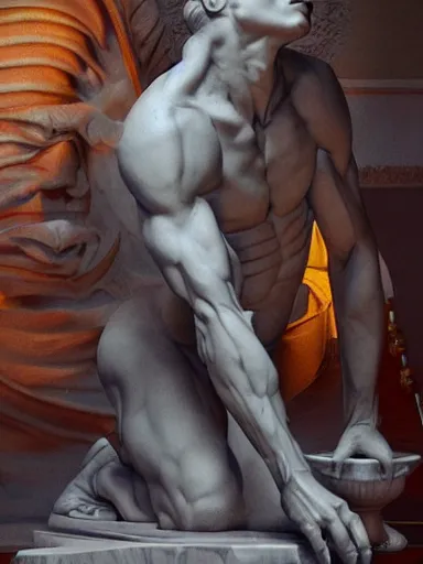 Image similar to a man sculpting a marble statue. intricate, elegant, highly detailed, digital painting, artstation, cinematic shot, concept art, sharp focus, illustration, by justin gerard and artgerm 8 k