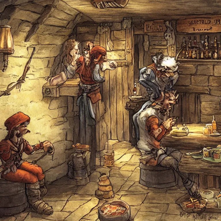 Prompt: a single emu in a halfling tavern, fantasy rpg book illustration