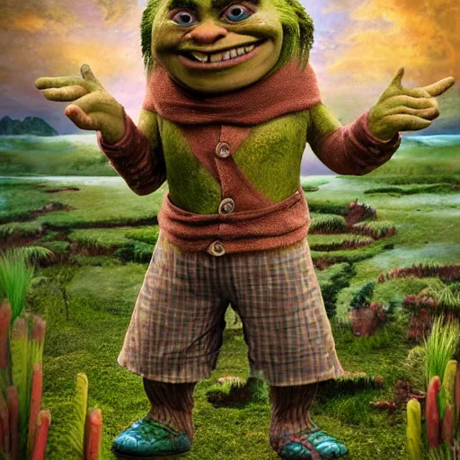 Image similar to very very very very highly detailed, epic, central composition, photo of Mr Bean as Shrek in the swamp, intricate, happy colors, extremely detailed, digital