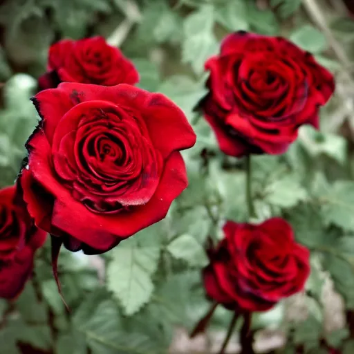 Prompt: black and red scorched roses, photography