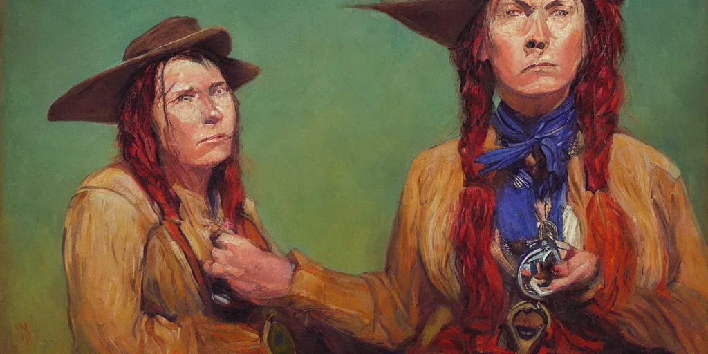 Image similar to portrait of an wild west outlaw woman, colorful