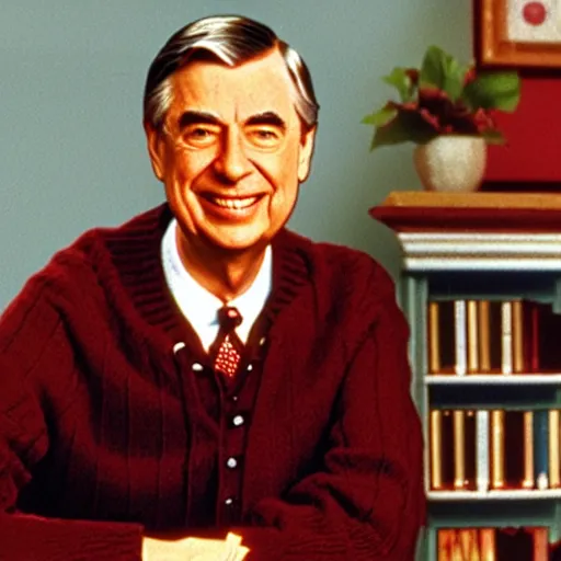 Prompt: mr. rogers in the backrooms fan game, in the style of old grainy vhs footage