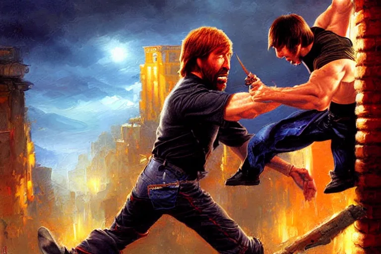 Image similar to chuck norris kicking a ninja out a window, an oil painting by ross tran and thomas kincade